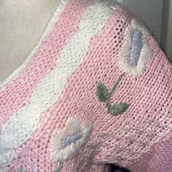 SML Sport Womens Hand-Knit Pink V-Neck Floral Sweater Medium Ramie Blend Vintage - Picture 6 of 11